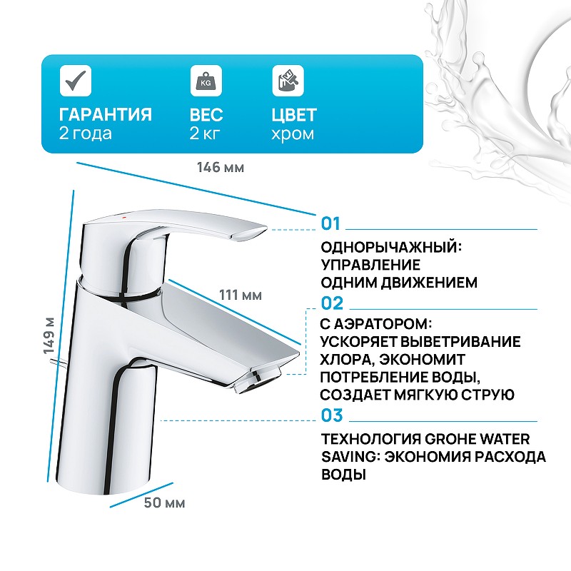 Смеситель для раковины Grohe Eurosmart 23965003 Хром латунь