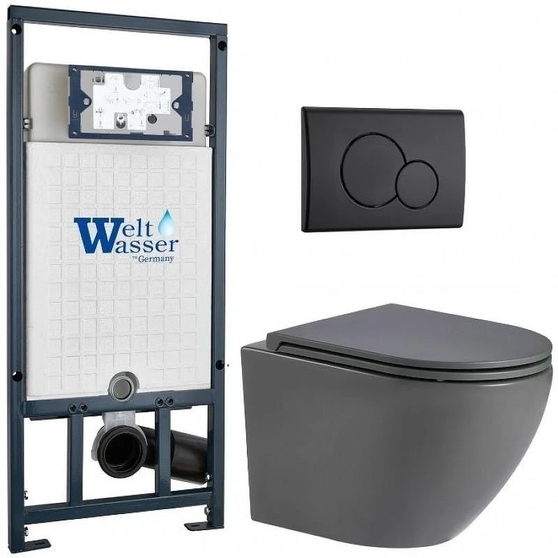Комплект унитаза с инсталляцией WeltWasser MARBERG 507 + MERZBACH 043 MT-GR + MAR 507 RD MT-BL 10000011399 цвет Черный матовый с сиденьем Микролифт и клавишей смыва цвет Черный матовый