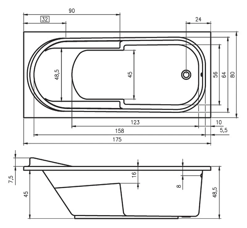 Акриловая ванна Riho Columbia 175x80 B003001005 (BA0400500000000) без гидромассажа