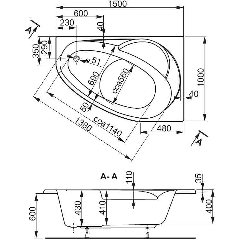 Акриловая ванна Vagnerplast Flora 150x100 L VPBA151FLA3LX-04 без гидромассажа