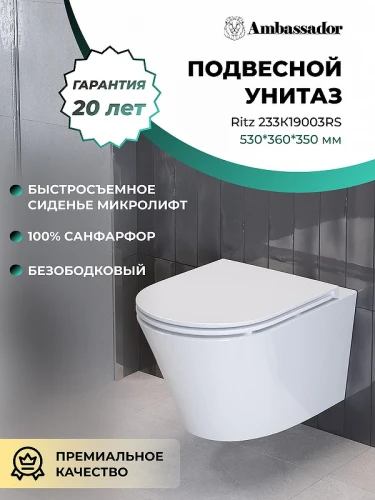 Унитаз Ambassador Ritz 233K19003RS подвесной с сиденьем Микролифт фарфор подвесной