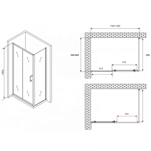 Душевой уголок Abber Schwarzer Diamant 120x60 AG301205-S605 профиль Хром стекло прозрачное