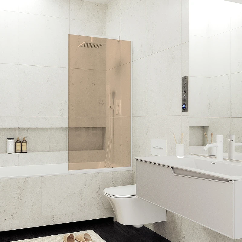 Шторка на ванну Maybah Glass MGV-70-1у 800x1400 в узком профиле Белый стекло бронзовое