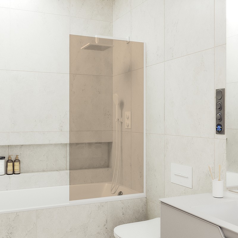 Шторка на ванну Maybah Glass MGV-70-1у 800x1400 в узком профиле Белый стекло бронзовое