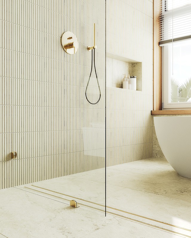 Душевая перегородка Maybah Glass MGD-259-3 790x1950 коннектор стена-стекло Золото стекло прозрачное