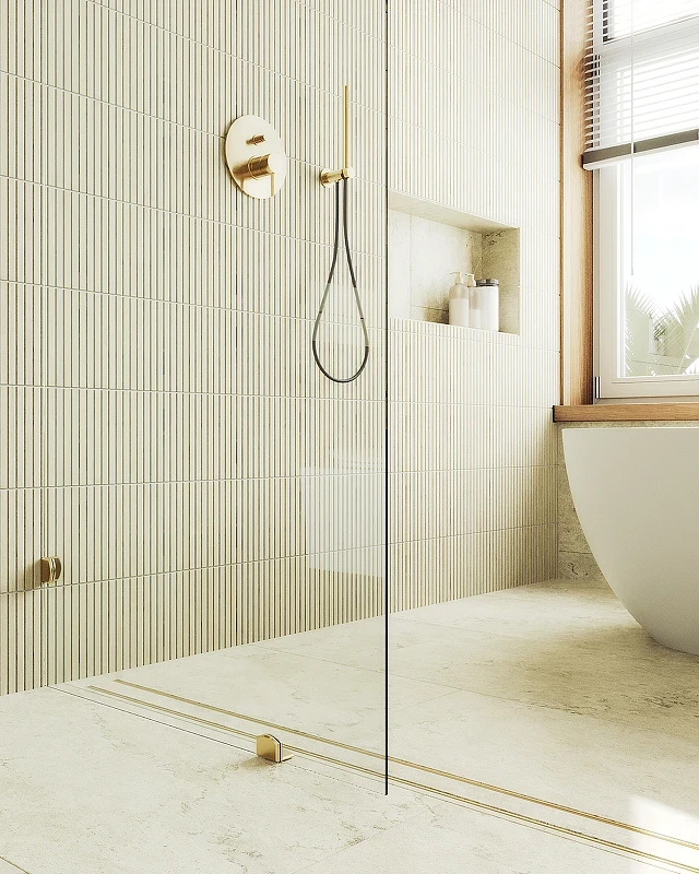 Душевая перегородка Maybah Glass MGD-259-3 790x1950 коннектор стена-стекло Золото стекло прозрачное