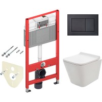Комплект унитаза AQUAme AQM2004 с инсталляцией Tece Now 9400414 с сиденьем Микролифт и Черной матовой клавишей смыва фаянс подвесной