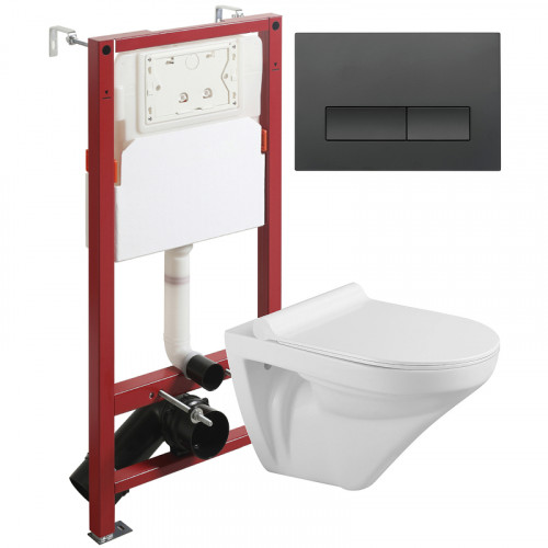 Комплект унитаза с инсталляцией Agger ATI06100+APB244 с сиденьем Микролифт и Черной матовой клавишей смыва фарфор подвесной