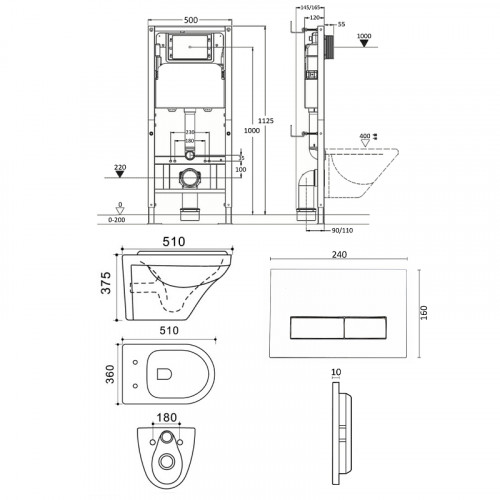 Комплект унитаза с инсталляцией Agger ATI06100+APB244 с сиденьем Микролифт и Черной матовой клавишей смыва фарфор подвесной