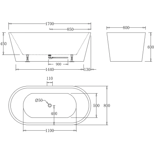 Акриловая ванна BelBagno 170x80 BB71-1700-NERO-W0 Черная Белая без гидромассажа