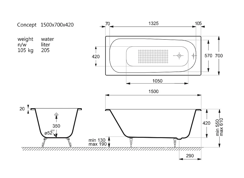 Чугунная ванна Vinsent Veron Concept 150x70 VCO1507042-AS цвет Белый с антискользящим покрытием