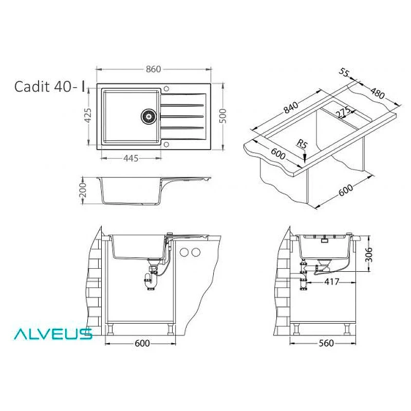 Кухонная мойка Alveus Granital Cadit 40 Carbon G91 860x500 1132031 Угольная искусственный камень (литьевой мрамор) встраиваемый