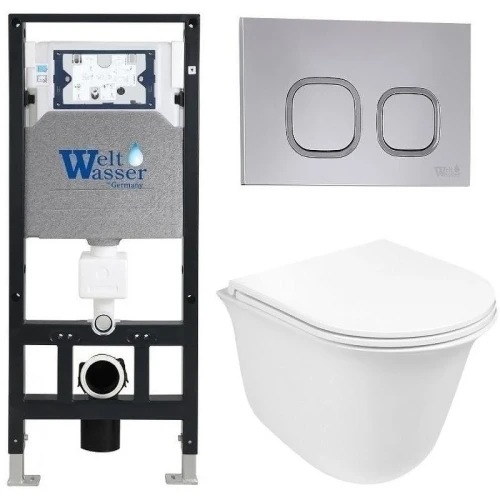 Комплект унитаза с инсталляцией WeltWasser AMBERG 506 + TELBACH 004 GL-WT + AMBERG RD-CR 10000006852 цвет Белый глянцевый с сиденьем Микролифт и клавишей смыва цвет Хром