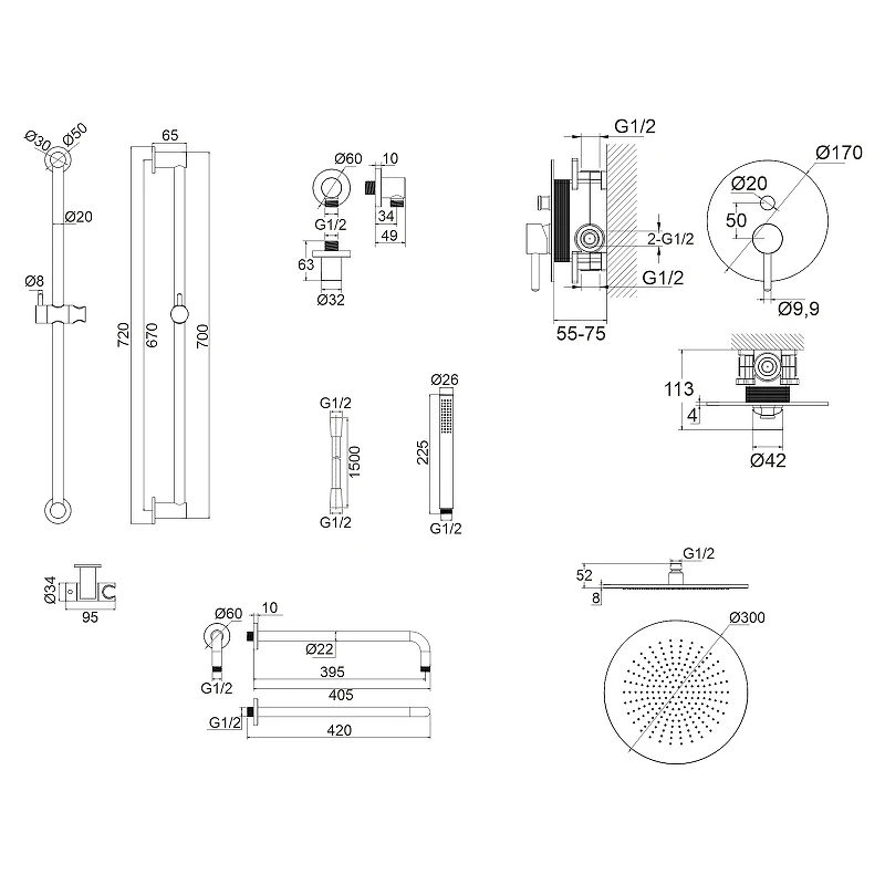 Душевая система Whitecross Y brushed nickel YSET05NIB Брашированный никель латунь встраиваемый