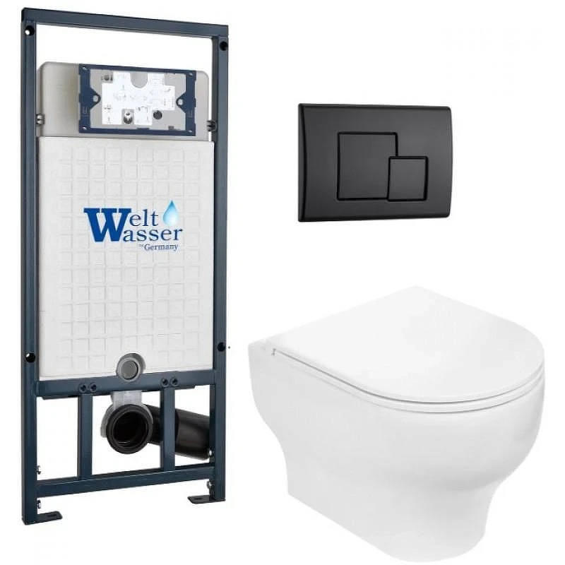 Комплект унитаза с инсталляцией WeltWasser MARBERG 507 + ERLENBACH 004 GL-WT + MAR 507 SE MT-BL 10000010381 цвет Белый глянцевый с сиденьем Микролифт и клавишей смыва цвет Черный матовый