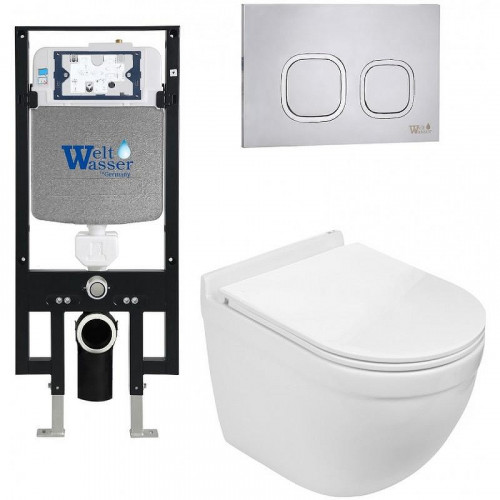 Комплект унитаза с инсталляцией WeltWasser AMBERG 497 + HEIMBACH 043 GL-WT + AMBERG RD-MT CR 10000012138 цвет Белый глянцевый с сиденьем Микролифт и клавишей смыва цвет Хром матовый