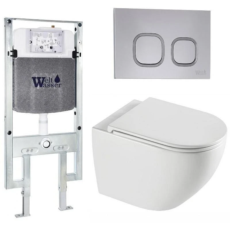 Комплект унитаза с инсталляцией WeltWasser AMBERG 497 ST + MERZBACH 043 XL GL-WT + AMBERG RD-CR 10000013772 цвет Белый глянцевый с сиденьем Микролифт и клавишей смыва цвет Хром