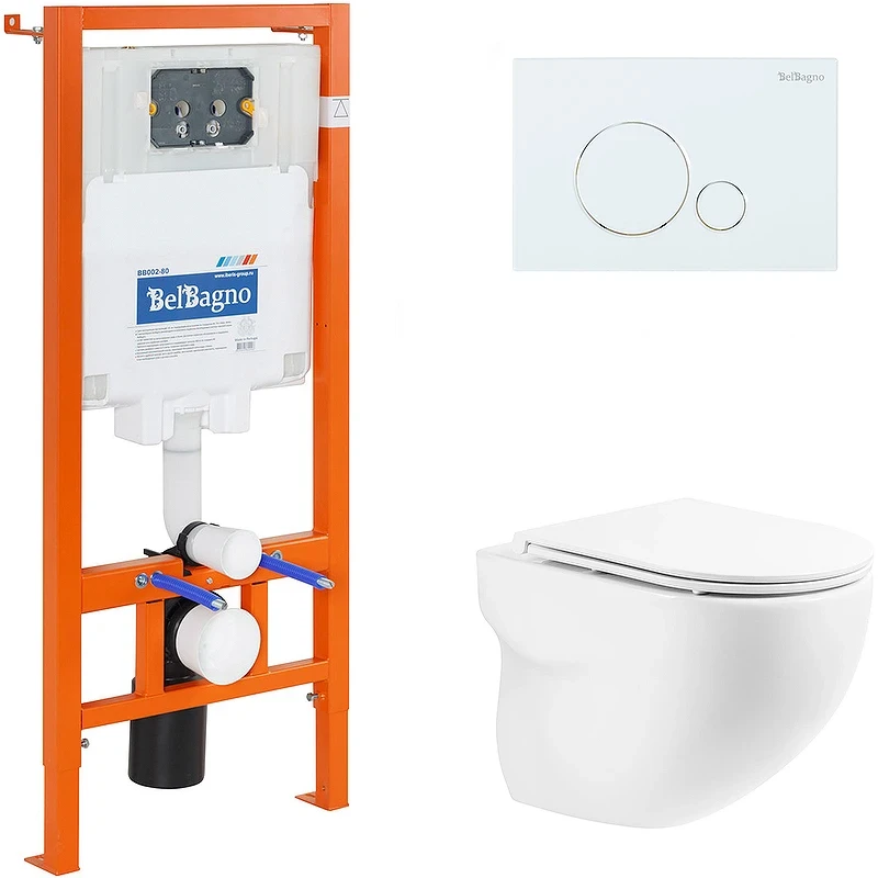 Комплект унитаза с инсталляцией BelBagno Onda BB066CHR/BB870SC/BB002-80/BB014-SR-BIANCO с сиденьем Микролифт и Белой клавишей смыва фаянс подвесной
