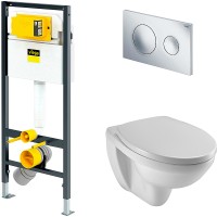 Комплект унитаза Jacob Delafon Patio EDV102-00+E70021-00 с инсталляцией Viega Prevista Dry 792855 с сиденьем Микролифт и клавишей смыва Хром фарфор подвесной