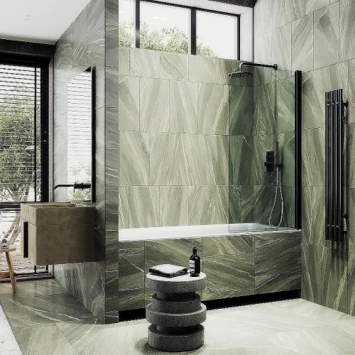 Шторка на ванну Maybah Glass MGV-598-6 600x1400 поворотная на монопетле Черный стекло прозрачное