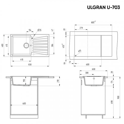 Кухонная мойка Ulgran Classic U-703-341 Ультра-белая искусственный камень (литьевой мрамор) встраиваемый