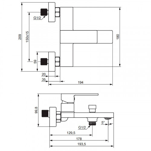 Смеситель для ванны Damixa Gala 531000600 Золото латунь на стену