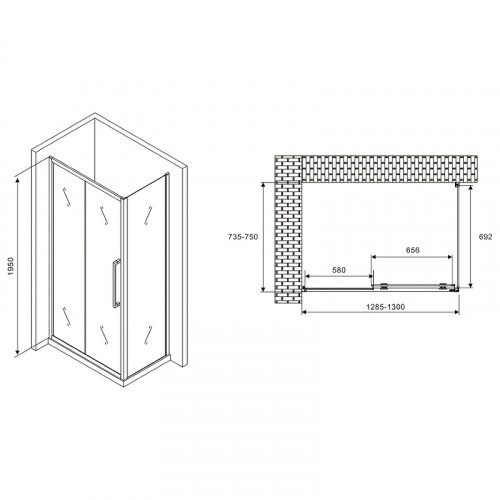 Душевой уголок Abber Schwarzer Diamant 130x75 AG30130H-S75 профиль Хром стекло прозрачное
