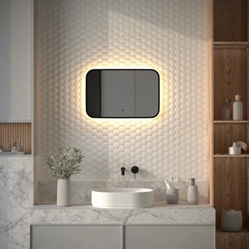 Зеркало Defesto Aura 60х40 DF 2972RH с подсветкой 17W-3000K/ИК - выключатель/Теплый белый свет/Черная рама
