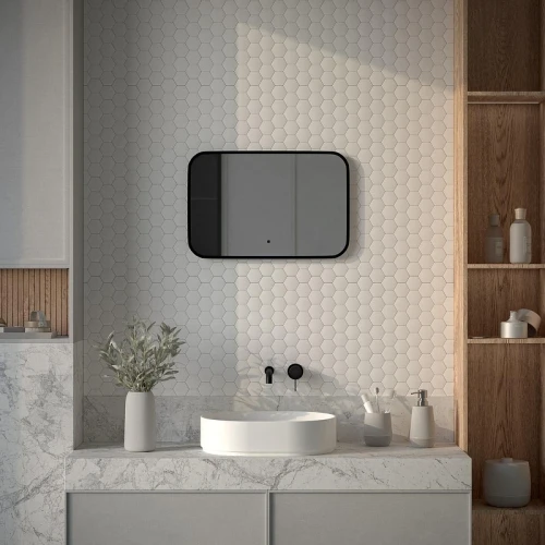 Зеркало Defesto Aura 60х40 DF 2972RH с подсветкой 17W-3000K/ИК - выключатель/Теплый белый свет/Черная рама