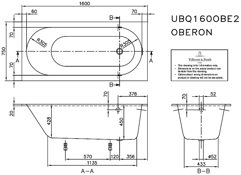 Квариловая ванна Villeroy&Boch Oberon 160x75 UBQ160OBE2V-01 без гидромассажа