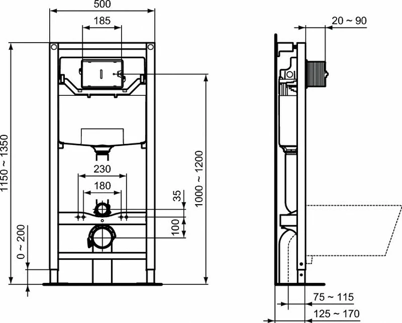 Инсталляция Ideal Standard Prosys R027767 для унитаза без клавиши смыва пластик
