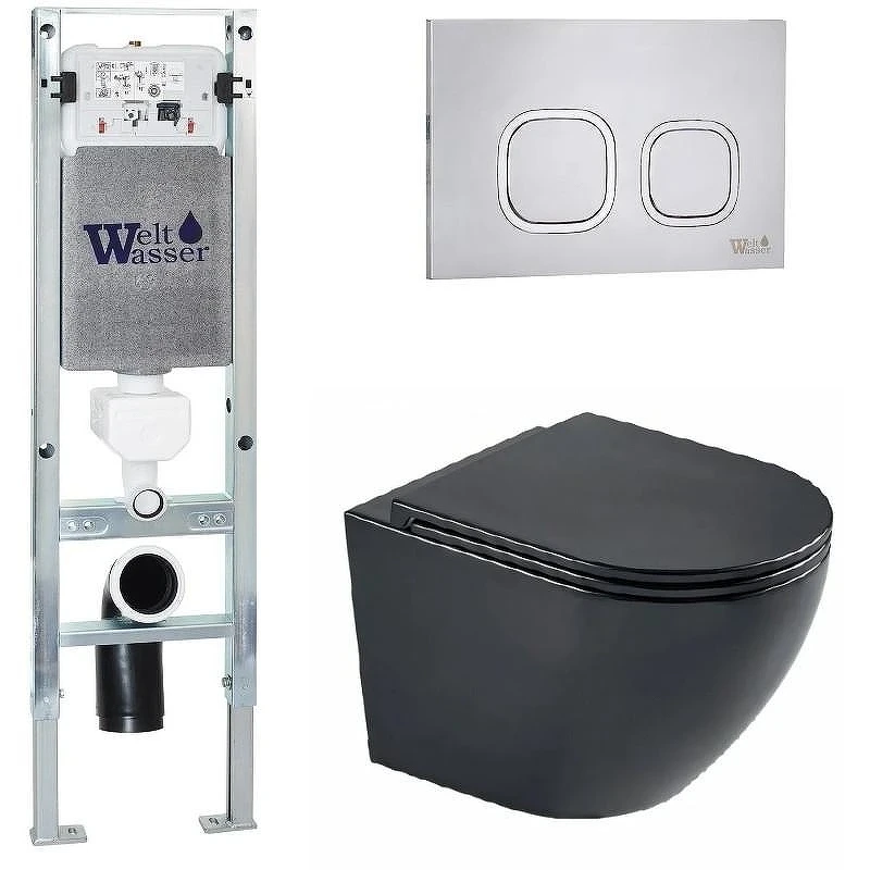 Комплект унитаза с инсталляцией WeltWasser AMBERG 350 ST + MERZBACH 043 MT-BL + AMBERG RD-MT CR 10000011324 цвет Черный матовый с сиденьем Микролифт и клавишей смыва цвет Хром матовый