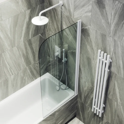 Шторка на ванну Maybah Glass MGV-597-1 500x1400 поворотная на монопетле Белый стекло прозрачное