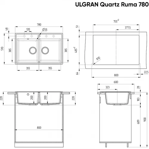 Кухонная мойка Ulgran Quartz Ruma 780-04 Платина искусственный камень (литьевой мрамор) встраиваемый
