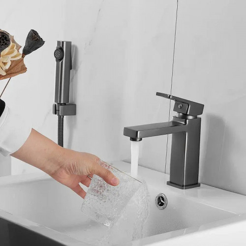 Смеситель для раковины Shevanik S8271T с гигиеническим душем цвет Оружейная сталь