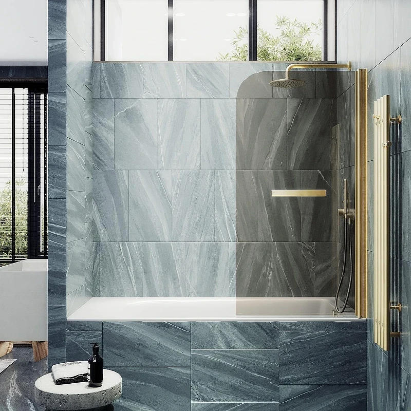Шторка для ванны Maybah Glass MGV-789-3 800х1400 поворотная на монопетле с полотенцедержателем Золото стекло бронзовое