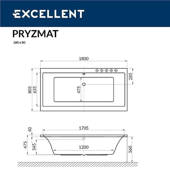 Акриловая ванна Excellent Pryzmat Slim 180x80 WAEX.PRY18S.SMART.GL с гидромассажем