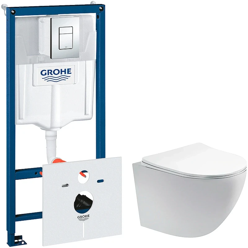 Комплект унитаза Aquatek Европа AQ1900-00 с инсталляцией Grohe Rapid SL 38775001 с сиденьем Микролифт и клавишей смыва Хром фарфор подвесной