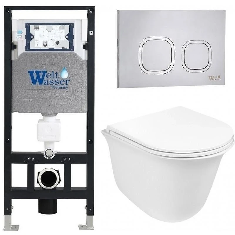 Комплект унитаза с инсталляцией WeltWasser AMBERG 506 + TELBACH 004 GL-WT + AMBERG RD-MT CR 10000006853 цвет Белый глянцевый с сиденьем Микролифт и клавишей смыва цвет Хром матовый