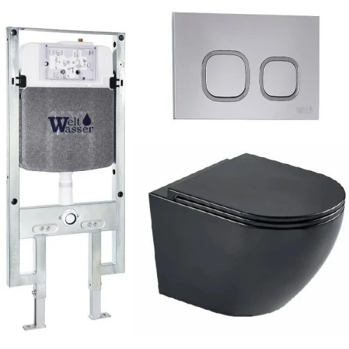 Комплект унитаза с инсталляцией WeltWasser AMBERG 497 ST + MERZBACH 043 MT-BL + AMBERG RD-CR 10000011336 цвет Черный матовый с сиденьем Микролифт и клавишей смыва цвет Хром