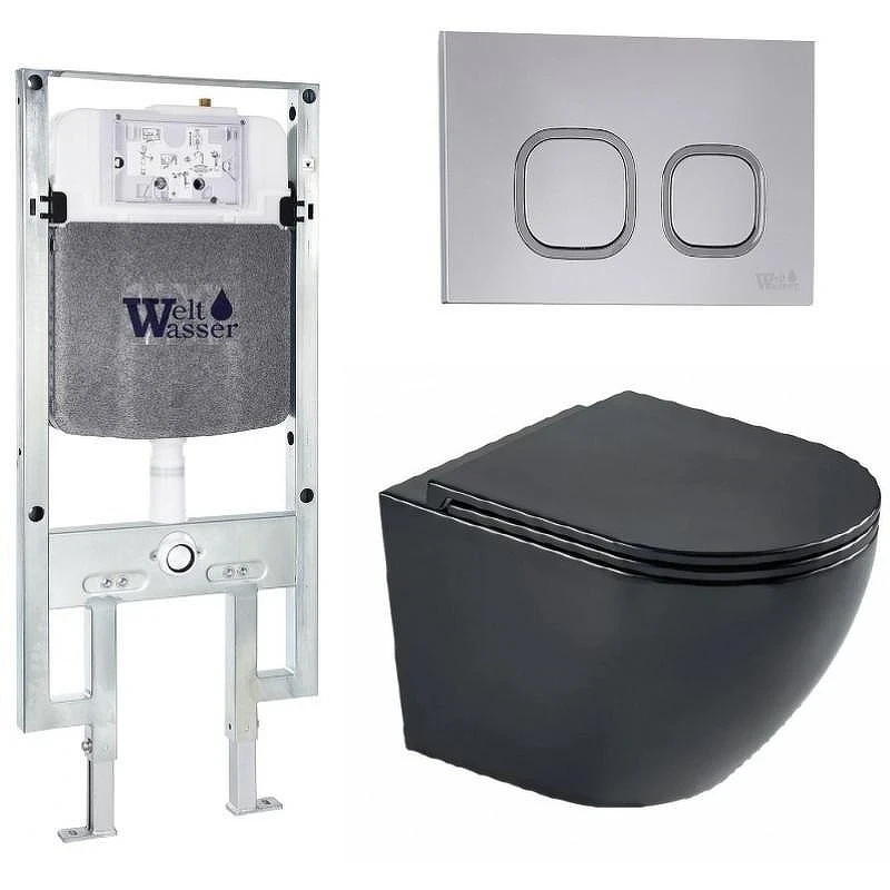 Комплект унитаза с инсталляцией WeltWasser AMBERG 497 ST + MERZBACH 043 MT-BL + AMBERG RD-CR 10000011336 цвет Черный матовый с сиденьем Микролифт и клавишей смыва цвет Хром