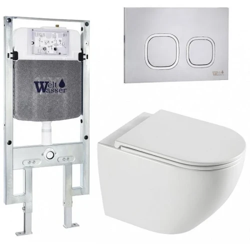 Комплект унитаза с инсталляцией WeltWasser AMBERG 497 ST + MERZBACH 043 XL GL-WT + AMBERG RD-MT CR 10000013773 цвет Белый глянцевый с сиденьем Микролифт и клавишей смыва цвет Хром матовый