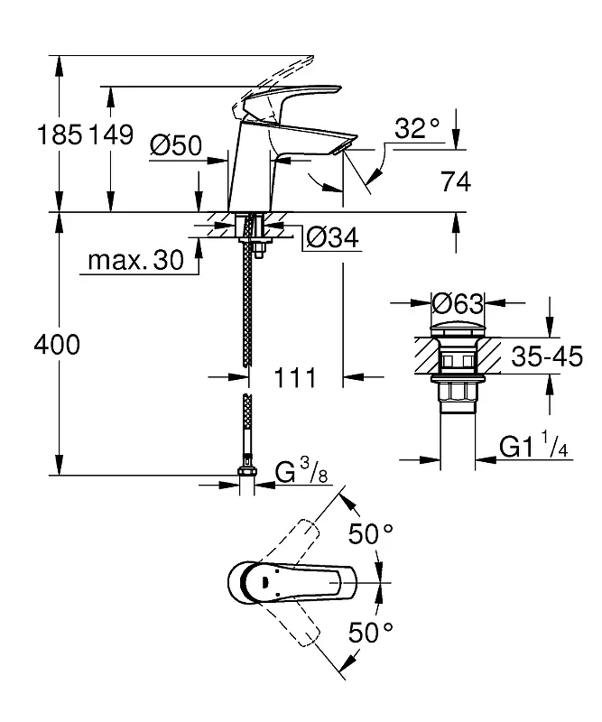 Смеситель для раковины Grohe Eurosmart 23968003 Хром латунь