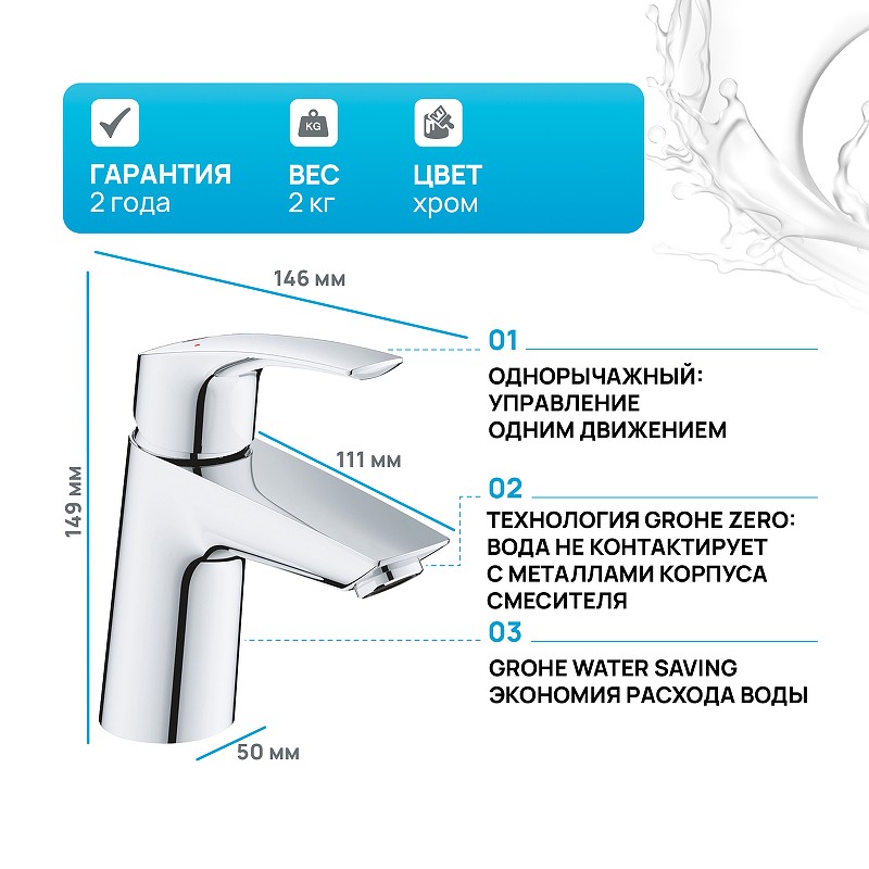 Смеситель для раковины Grohe Eurosmart 23968003 Хром латунь однорычажный