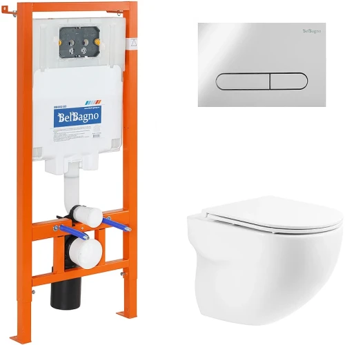 Комплект унитаза с инсталляцией BelBagno Onda BB066CHR/BB870SC/BB002-80/BB005-PR-CHROME с сиденьем Микролифт и клавишей смыва Хром глянцевый фаянс подвесной