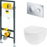 Комплект унитаза AM.PM Awe C111738WH+C117852WH с инсталляцией Viega Prevista Dry 792855 с сиденьем Микролифт и клавишей смыва Хром фарфор подвесной