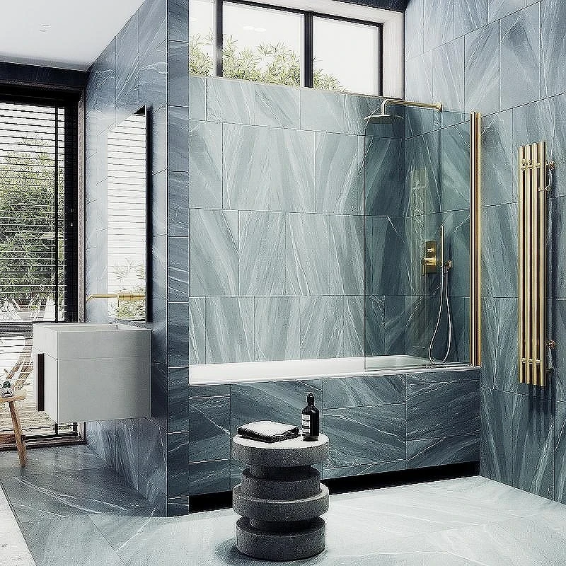 Шторка на ванну Maybah Glass MGV-598-3 600x1400 поворотная на монопетле Золото стекло прозрачное