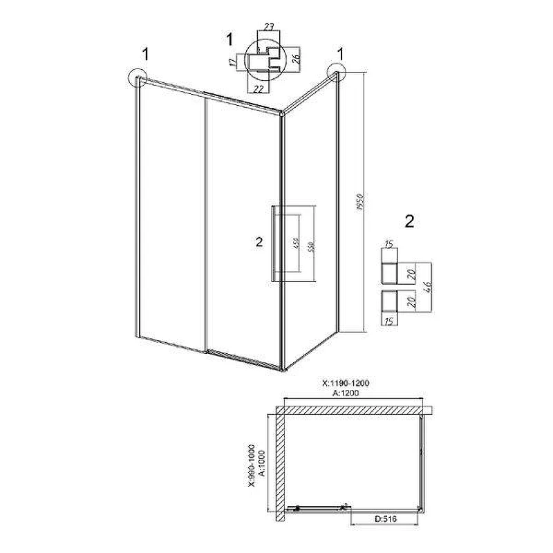Душевой уголок Grossman Galaxy 120x100 120.K33.01.1210.32.00 профиль Золото сатин стекло прозрачное