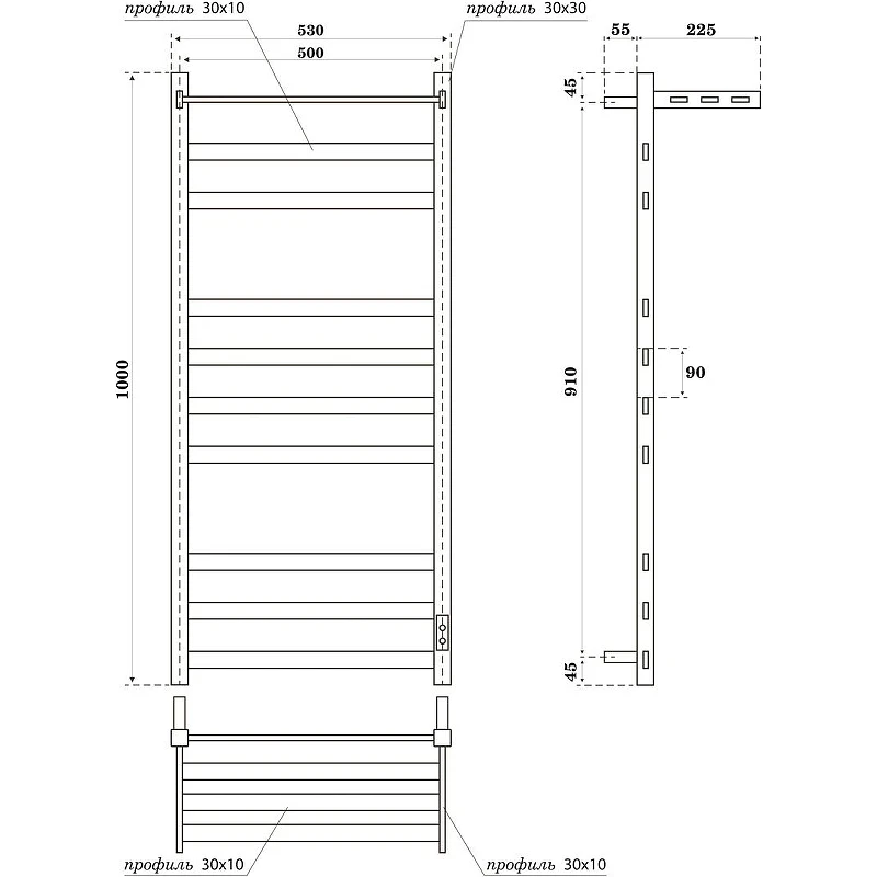 Электрический полотенцесушитель Point Меркурий PN83850PW П9 500x1000 с полкой, диммер справа Белый