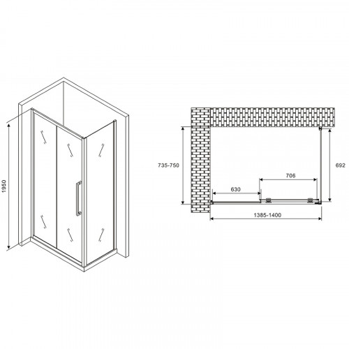 Душевой уголок Abber Schwarzer Diamant 140x75 AG30140H-S75 профиль Хром стекло прозрачное